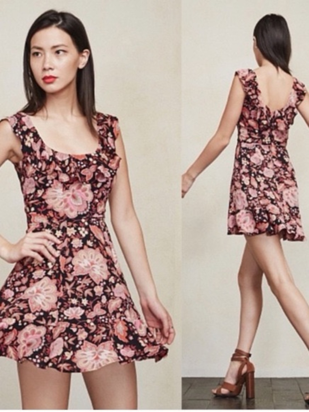 Reformation Pink and Black Floral Ruffle Perla Mini Dress